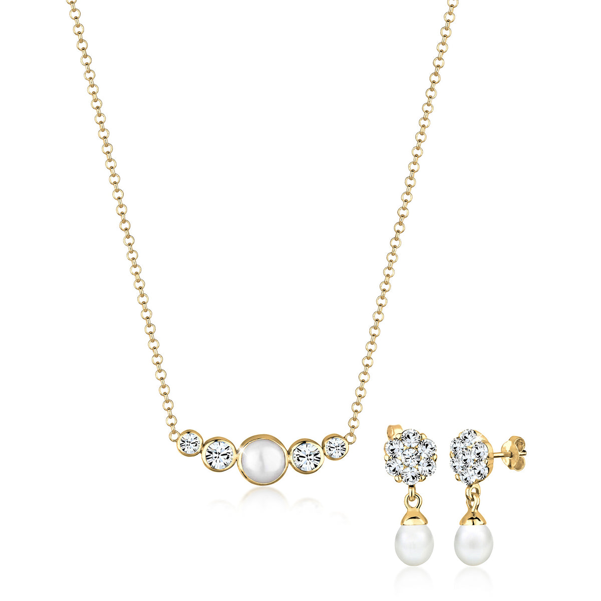 Gold - Elli PREMIUM | Schmuckset  | Süßwasserperle, Kristall ( Weiß ) | 925 Sterling Silber vergoldet
