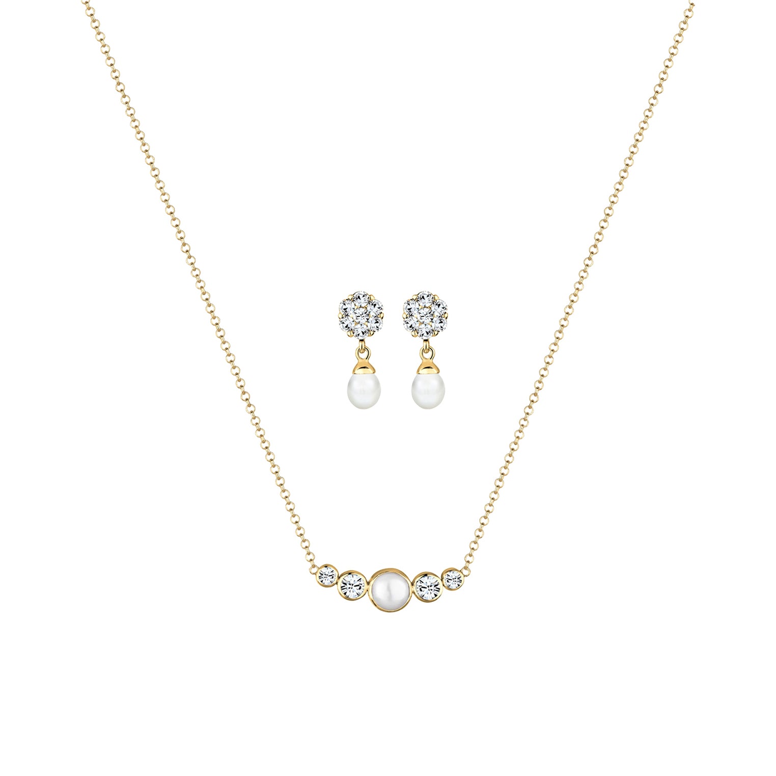 Gold - Elli PREMIUM | Schmuckset  | Süßwasserperle, Kristall ( Weiß ) | 925 Sterling Silber vergoldet