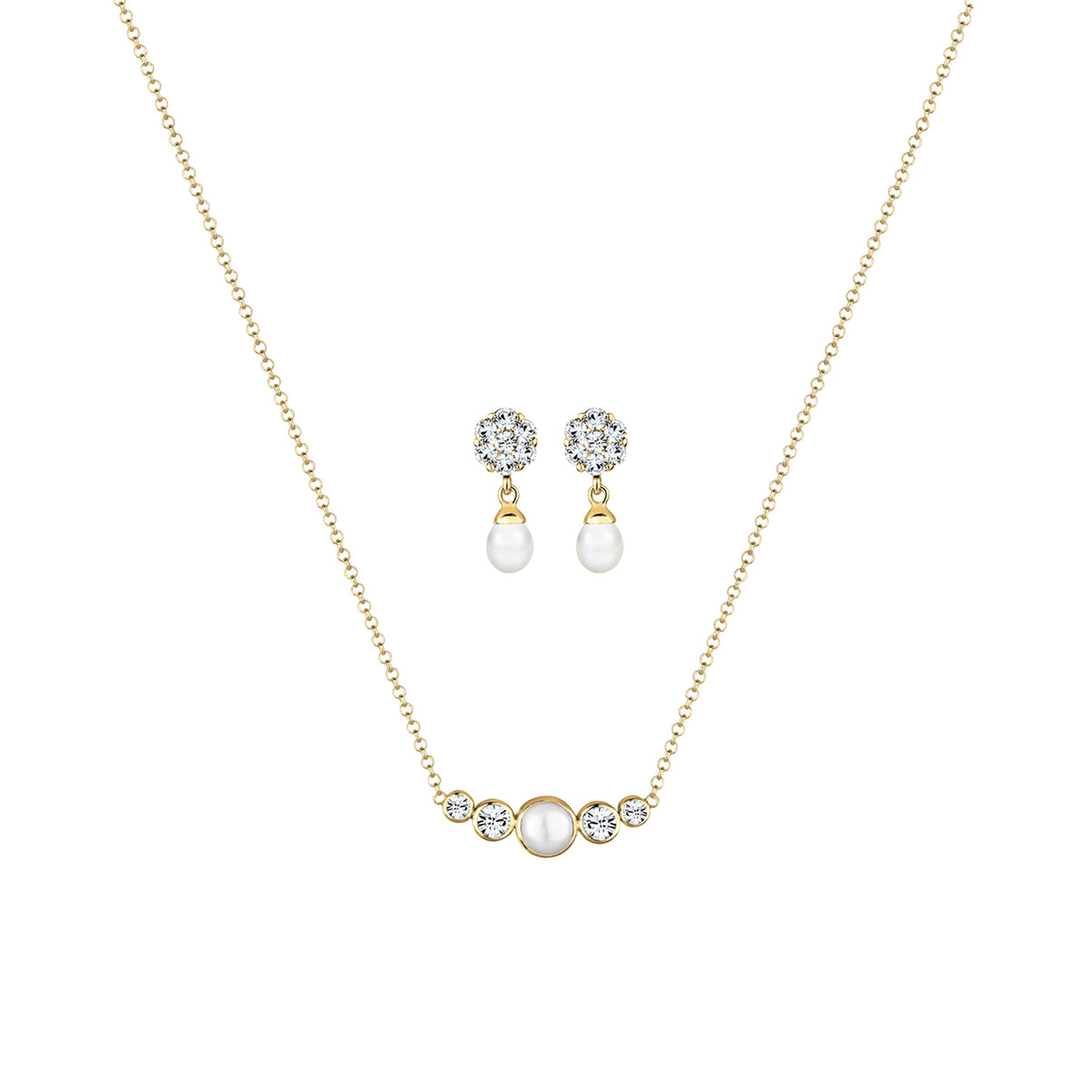 Gold - Elli PREMIUM | Schmuckset  | Süßwasserperle, Kristall ( Weiß ) | 925 Sterling Silber vergoldet