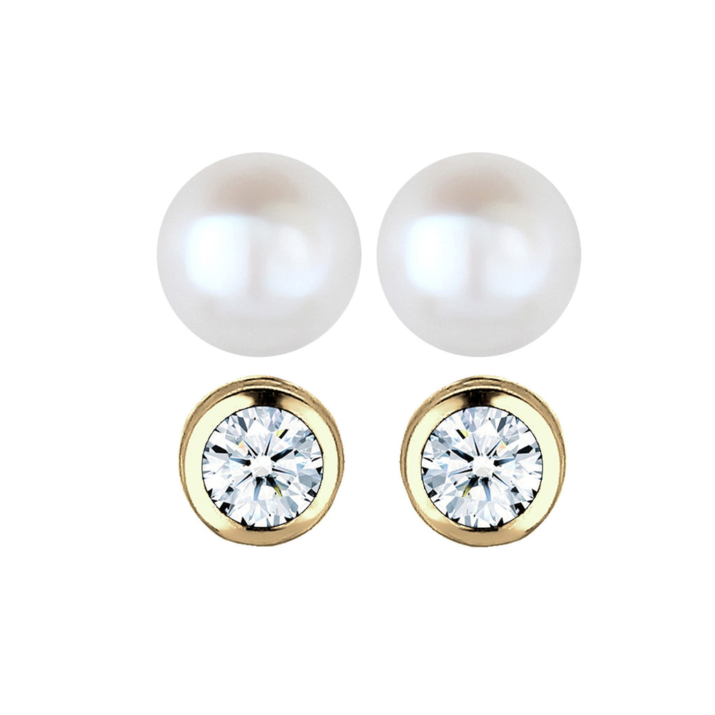 Gold - Elli DIAMONDS | Ohrringset | Süßwasserperle, Diamant ( Weiß, 0,06 ct ) | 375 Gelbgold