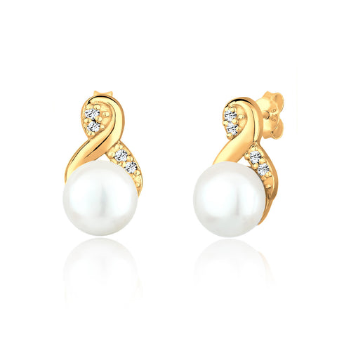 Gold - Elli | Ohrstecker Infinity | Süßwasserperle, Kristall ( Weiß ) | 925 Sterling Silber vergoldet