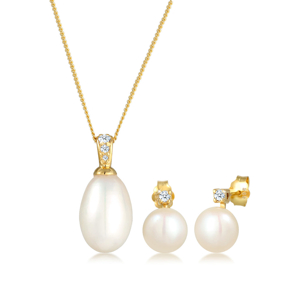 Gold - Elli DIAMONDS | Schmuckset  | Süßwasserperle, Diamant ( Weiß, 0,11 ct ) | 585 Gelbgold