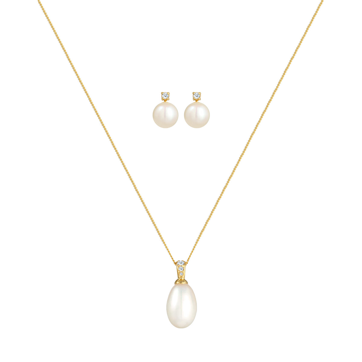 Gold - Elli DIAMONDS | Schmuckset  | Süßwasserperle, Diamant ( Weiß, 0,11 ct ) | 585 Gelbgold