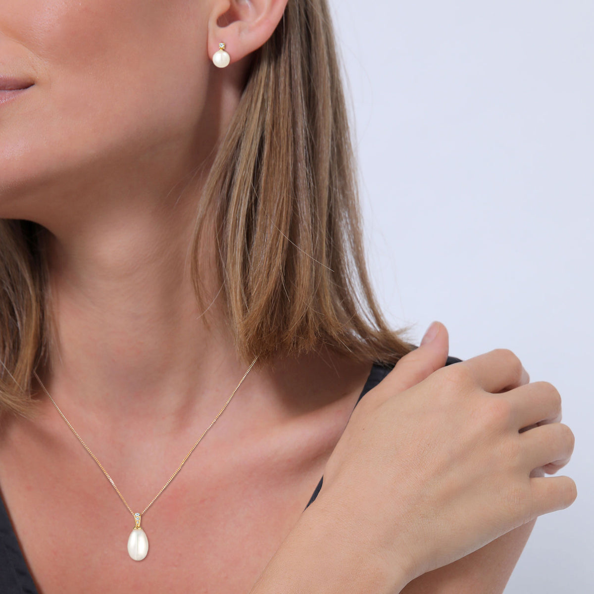 Gold - Elli DIAMONDS | Schmuckset  | Süßwasserperle, Diamant ( Weiß, 0,11 ct ) | 585 Gelbgold