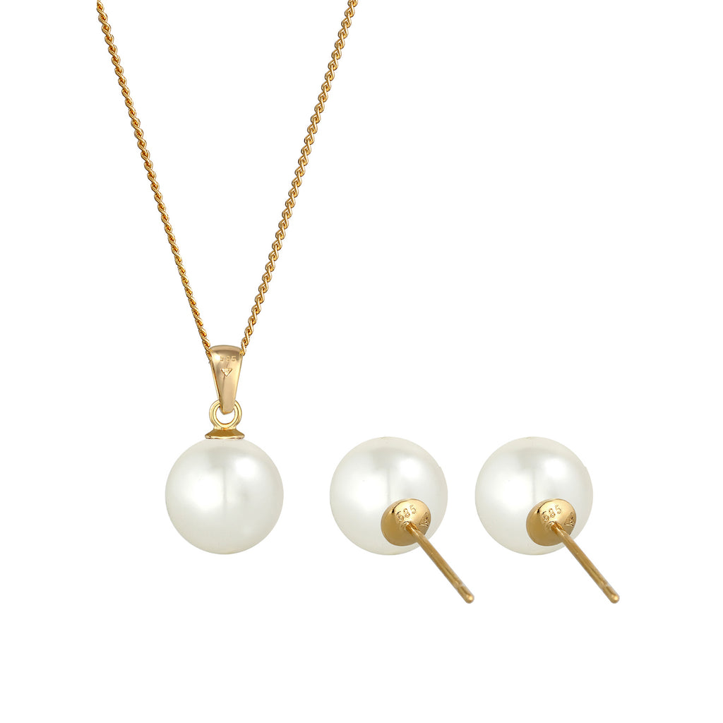 Weiß - Elli PREMIUM | Schmuckset  | Perle | 585 Gelbgold
