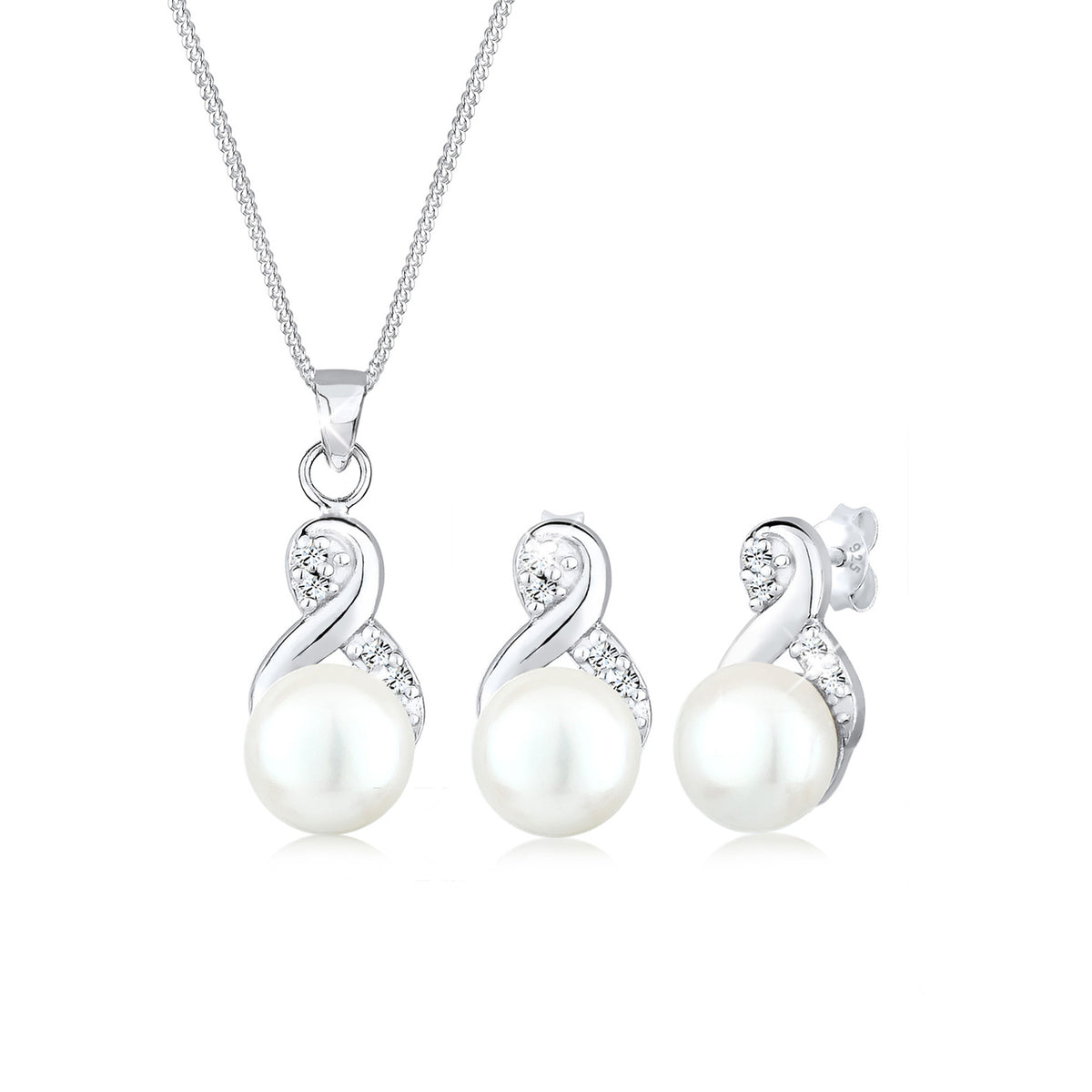 Silber - Elli | Schmuckset  Infinity | Süßwasserperle, Kristall ( Weiß ) | 925er Sterling Silber
