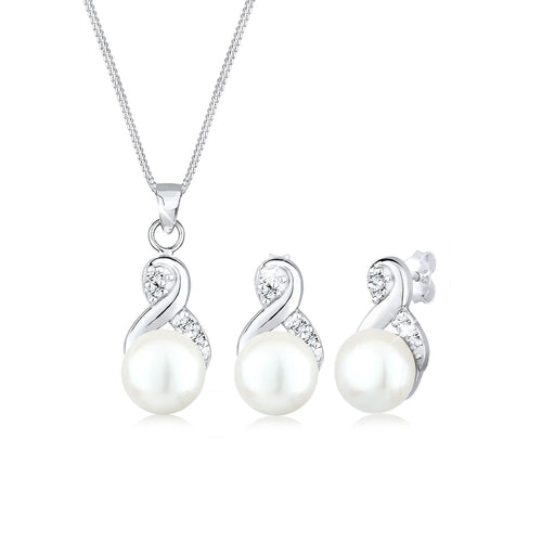 Silber - Elli | Schmuckset  Infinity | Süßwasserperle, Kristall ( Weiß ) | 925er Sterling Silber