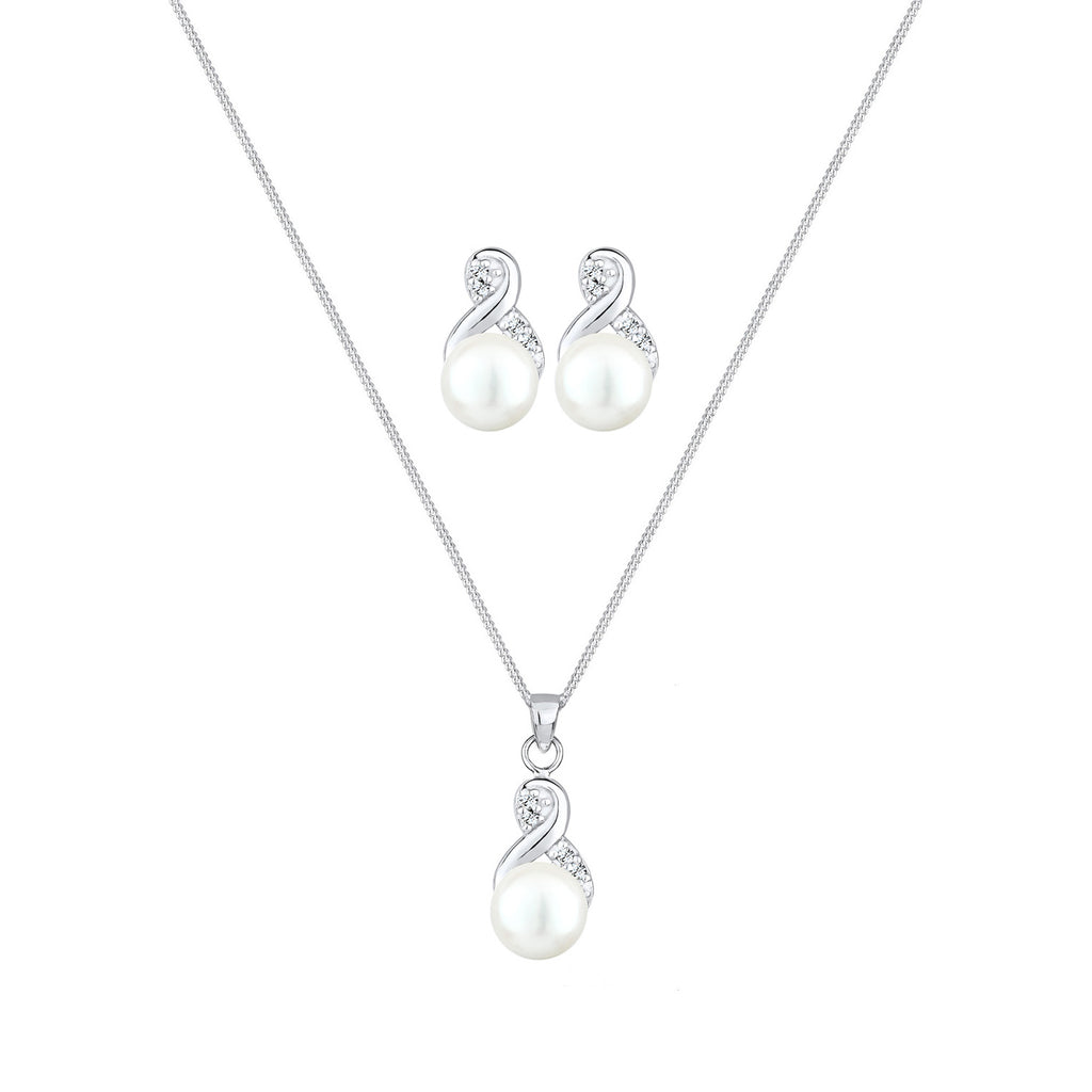 Silber - Elli | Schmuckset  Infinity | Süßwasserperle, Kristall ( Weiß ) | 925er Sterling Silber