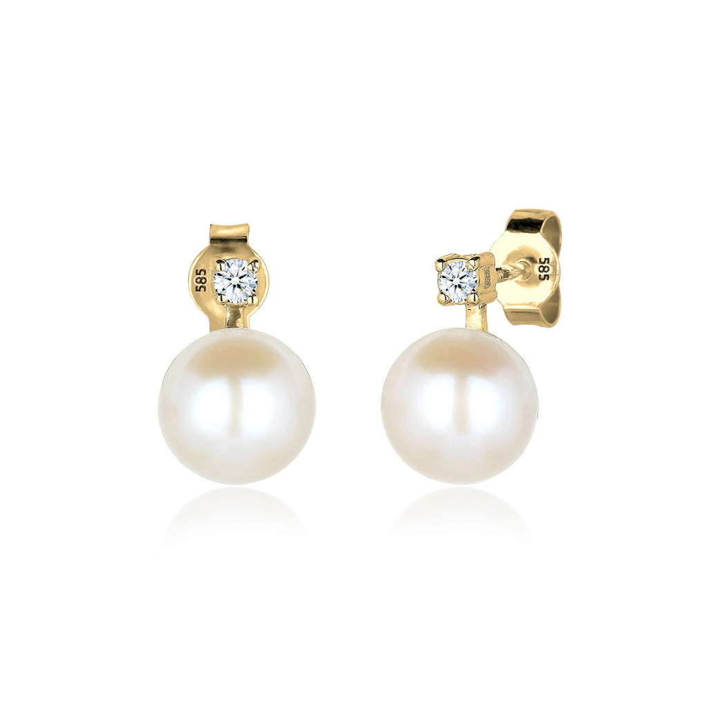 Weiß - Elli DIAMONDS | Ohrstecker | Süßwasserperle, Diamant ( Weiß, 0,06 ct ) | 585 Gelbgold