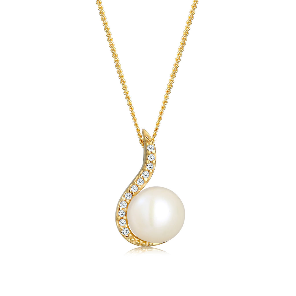 Weiß - Elli DIAMONDS | Halskette | Süßwasserperle, Diamant (Weiß, 0,055 ct) | 585 Gelbgold