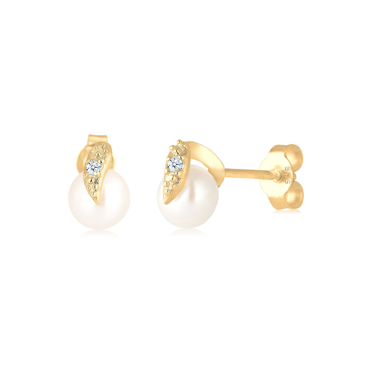 Weiß - Elli DIAMONDS | Ohrstecker | Süßwasserperle, Diamant ( Weiß, 0,03 ct ) | 585 Gelbgold