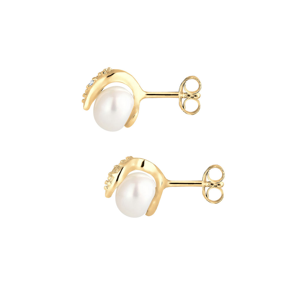 Weiß - Elli DIAMONDS | Ohrstecker | Süßwasserperle, Diamant ( Weiß, 0,03 ct ) | 585 Gelbgold