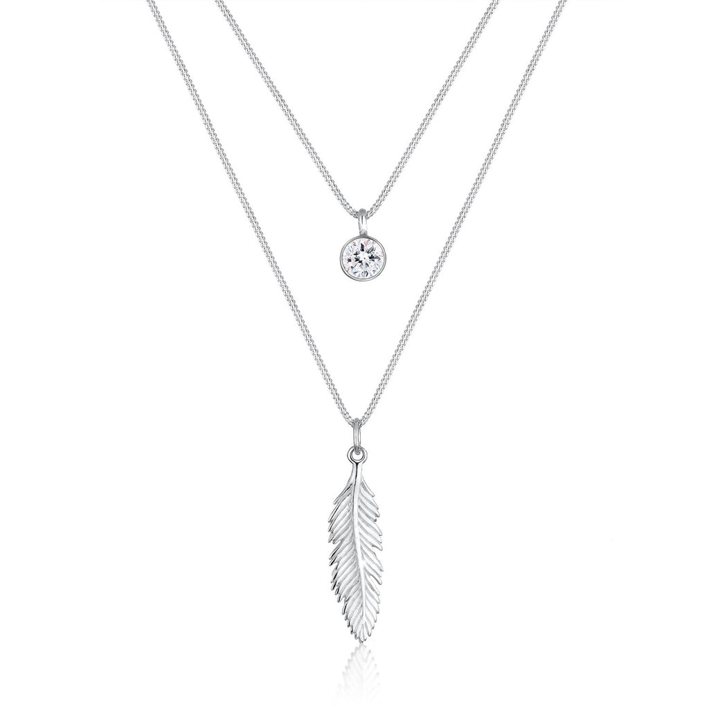 Silber - Elli | Layer-Halskette Feder & Solitär | Mit Kristallen von Swarovski® (Weiß) | 925er Sterling Silber