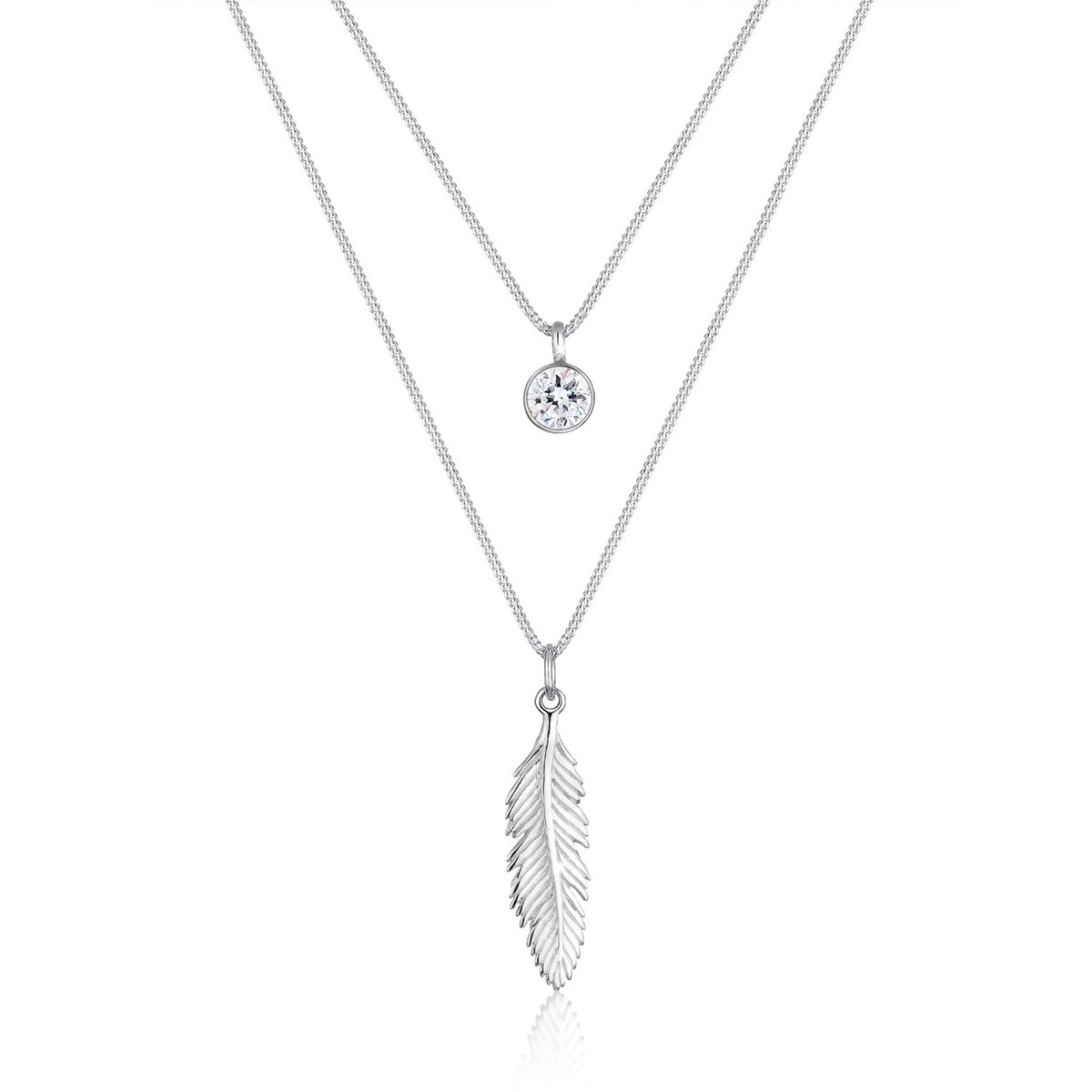 Silber - Elli | Layer-Halskette Feder & Solitär | Mit Kristallen von Swarovski® (Weiß) | 925er Sterling Silber