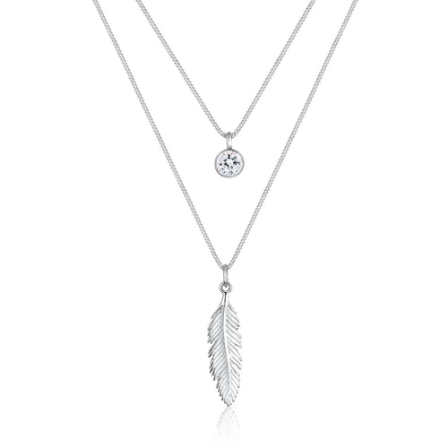 Silber - Elli | Layer-Halskette Feder & Solitär | Mit Kristallen von Swarovski® (Weiß) | 925er Sterling Silber