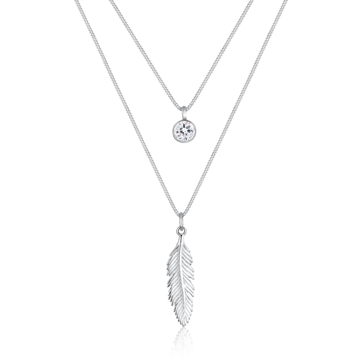 Silber - Elli | Layer-Halskette Feder & Solitär | Mit Kristallen von Swarovski® (Weiß) | 925er Sterling Silber