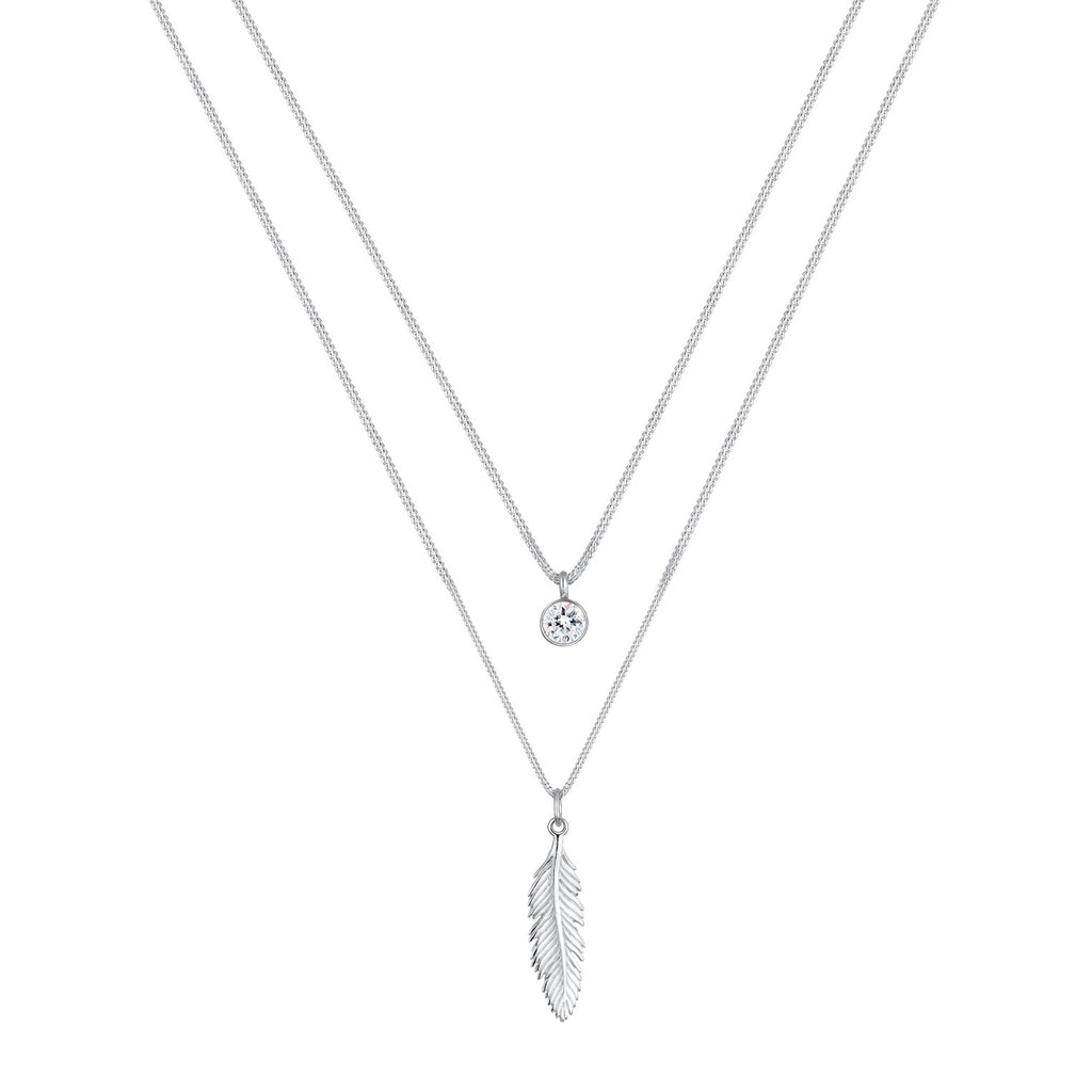 Silber - Elli | Layer-Halskette Feder & Solitär | Mit Kristallen von Swarovski® (Weiß) | 925er Sterling Silber