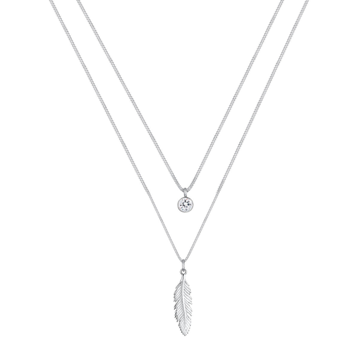 Silber - Elli | Layer-Halskette Feder & Solitär | Mit Kristallen von Swarovski® (Weiß) | 925er Sterling Silber