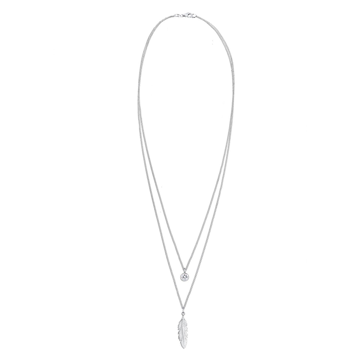 Silber - Elli | Layer-Halskette Feder & Solitär | Kristall (Weiß) | 925er Sterling Silber