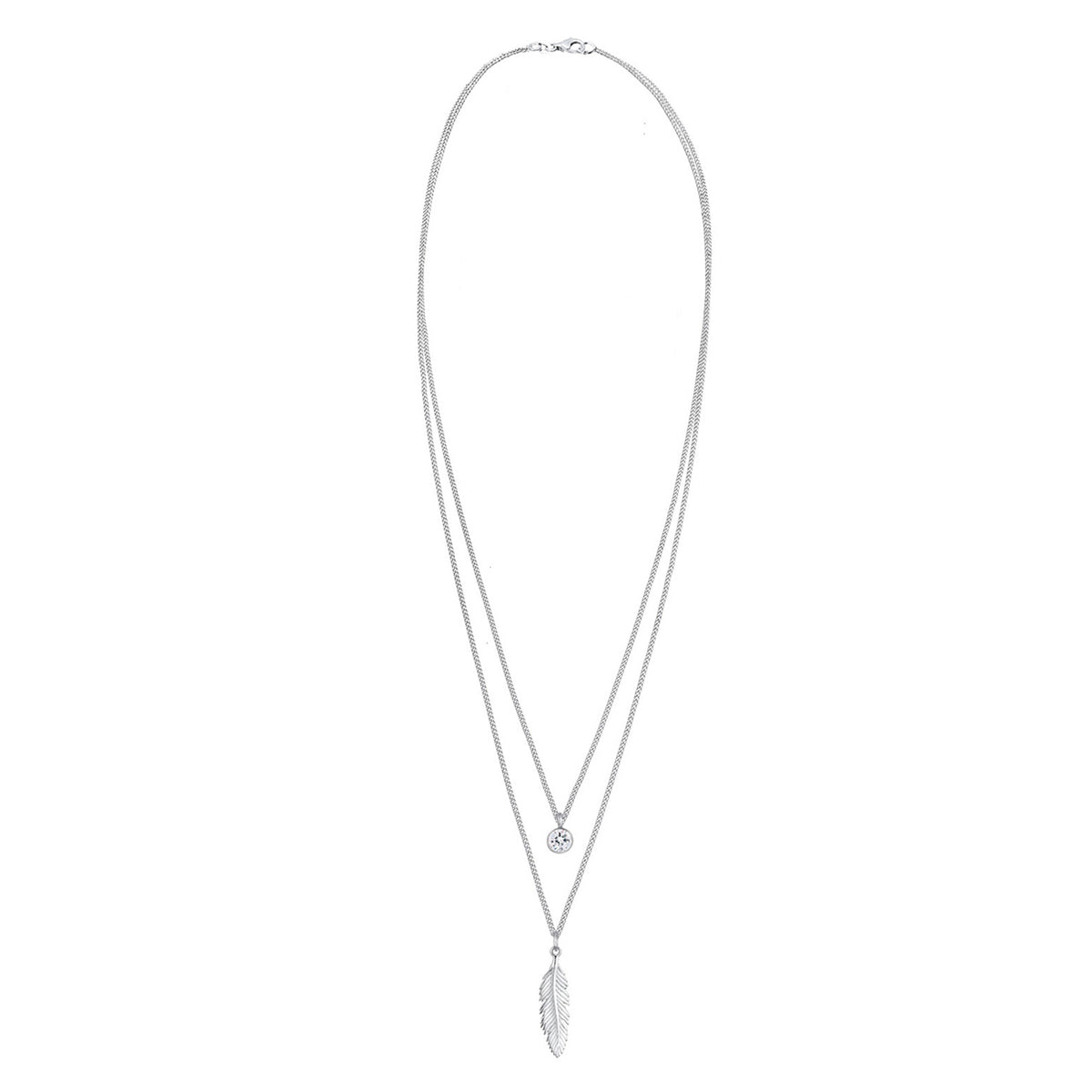 Silber - Elli | Layer-Halskette Feder & Solitär | Mit Kristallen von Swarovski® (Weiß) | 925er Sterling Silber