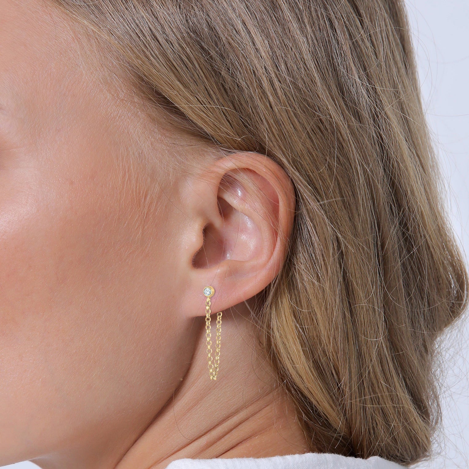 Gold - Elli | Ohrstecker Ear Chain | Kristall ( Weiß ) | 925 Sterling Silber vergoldet