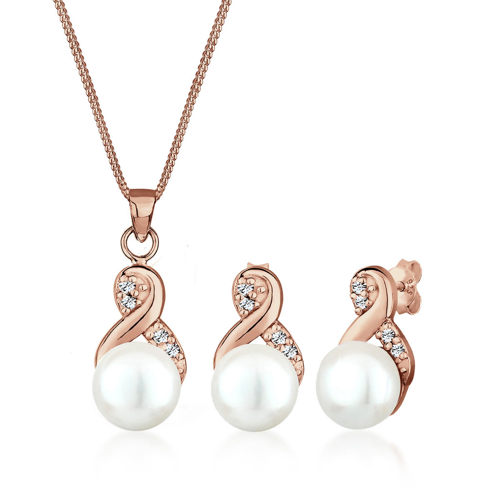 Roségold - Elli | Schmuckset  Infinity | Süßwasserperle, Kristall ( Weiß ) | 925 Sterling Silber Rosegold