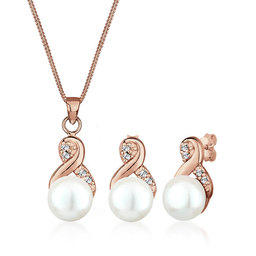 Roségold - Elli | Schmuckset  Infinity | Süßwasserperle, Kristall ( Weiß ) | 925 Sterling Silber Rosegold