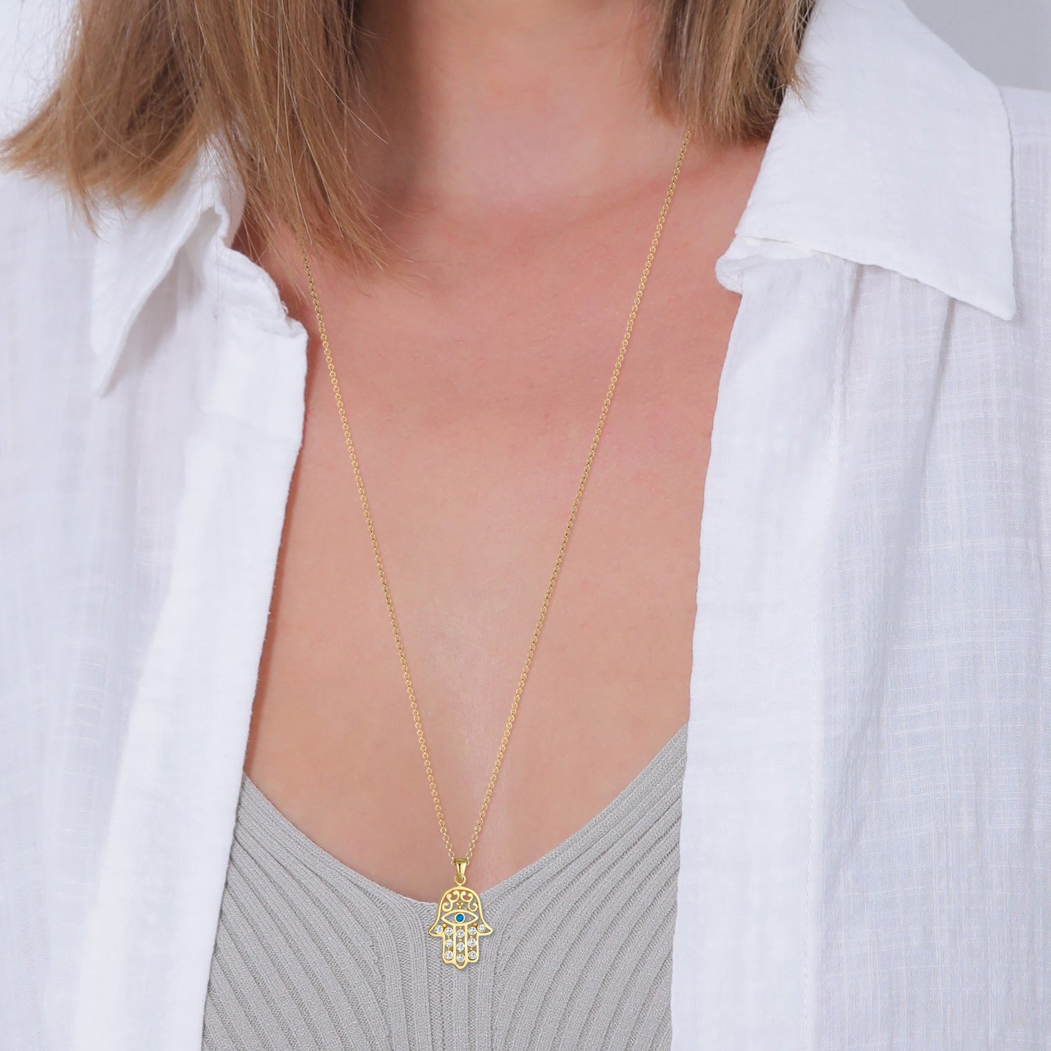 Gold - Elli | Lange Halskette Evil Eye | Mit Kristallen von Swarovski® (Weiß) | 925 Sterling Silber vergoldet