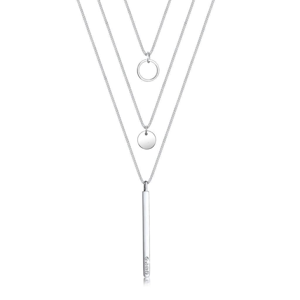 Silber - Elli | Layer-Halskette Plättchen Stab | Mit Kristallen von Swarovski® (Weiß) | 925er Sterling Silber