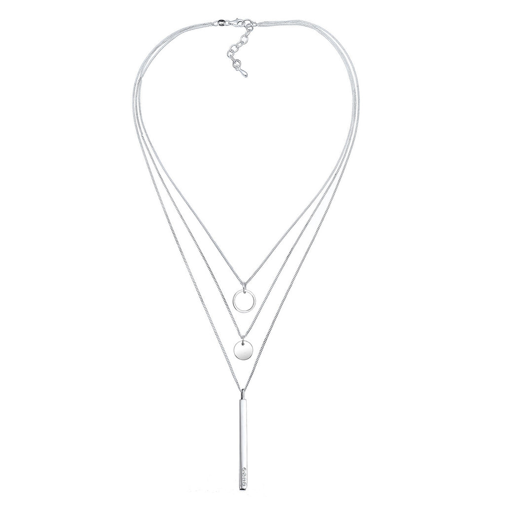 Silber - Elli | Layer-Halskette Plättchen Stab | Mit Kristallen von Swarovski® (Weiß) | 925er Sterling Silber