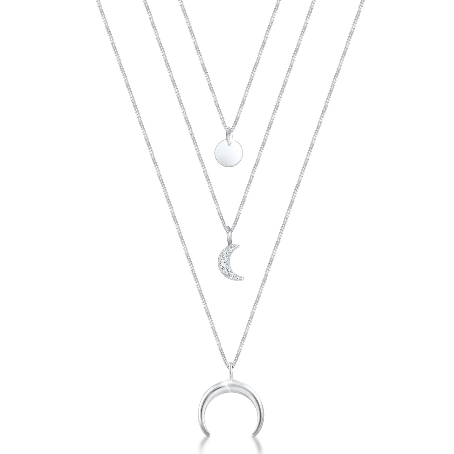 Silber - Elli | Layer-Halskette Halbmond Astro | Mit Kristallen von Swarovski® (Weiß) | 925er Sterling Silber