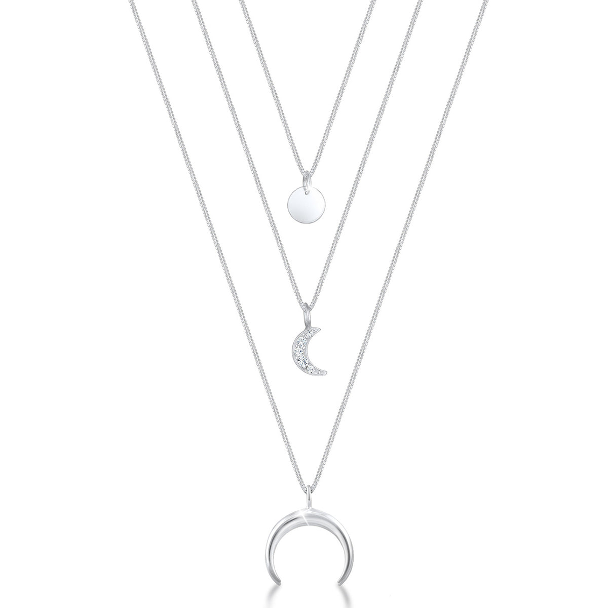 Silber - Elli | Layer-Halskette Halbmond Astro | Mit Kristallen von Swarovski® (Weiß) | 925er Sterling Silber