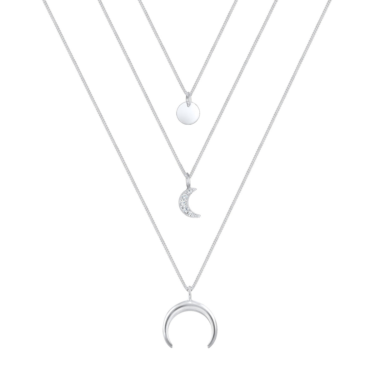 Silber - Elli | Layer-Halskette Halbmond Astro | Mit Kristallen von Swarovski® (Weiß) | 925er Sterling Silber