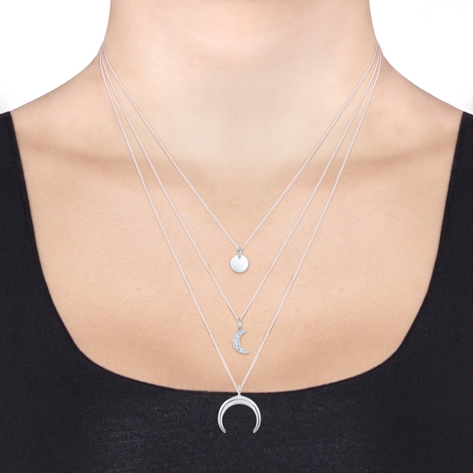 Silber - Elli | Layer-Halskette Halbmond Astro | Mit Kristallen von Swarovski® (Weiß) | 925er Sterling Silber
