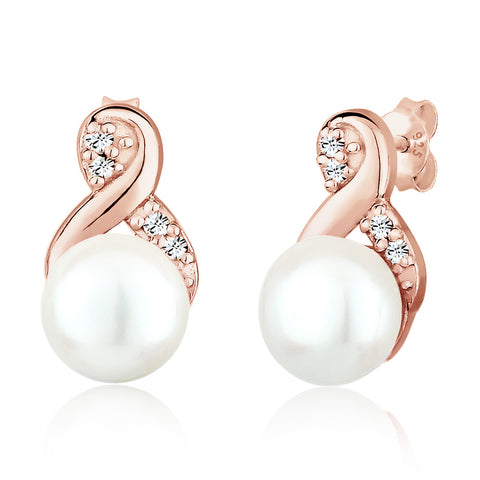 Roségold - Elli | Ohrstecker Infinity | Süßwasserperle, Kristall ( Weiß ) | 925 Sterling Silber Rosegold