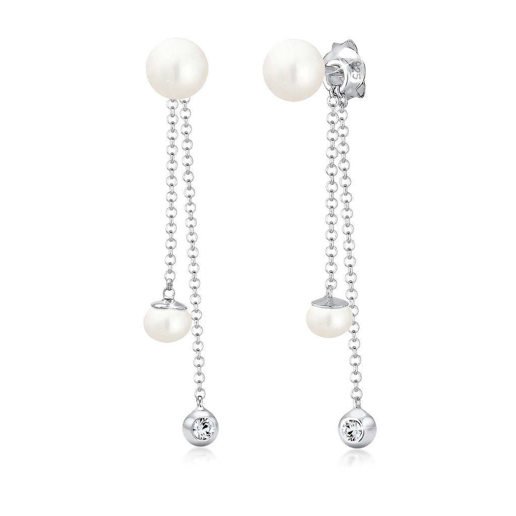 Silber - Elli | Ohrhänger Ear Chain | Süßwasserperle, Kristall ( Weiß ) | 925er Sterling Silber