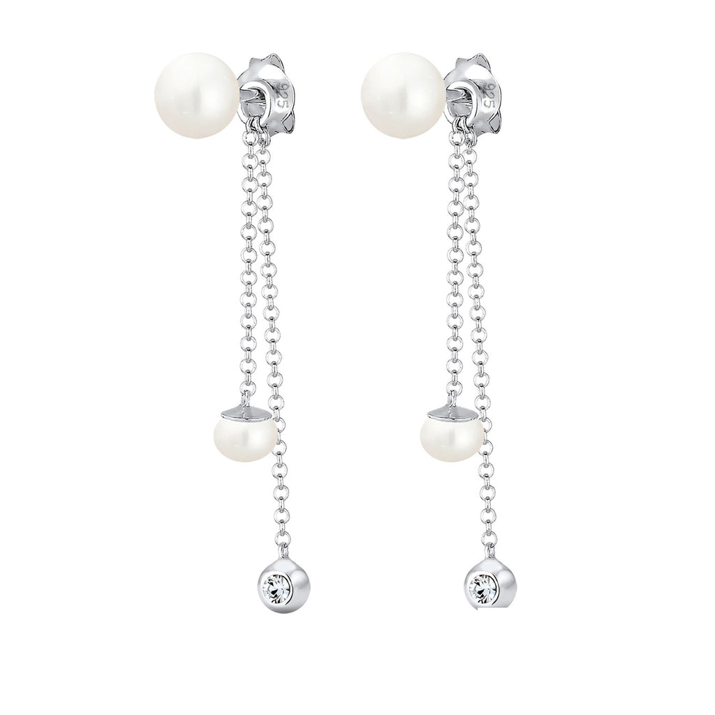 Silber - Elli | Ohrhänger Ear Chain | Süßwasserperle, Kristall ( Weiß ) | 925er Sterling Silber