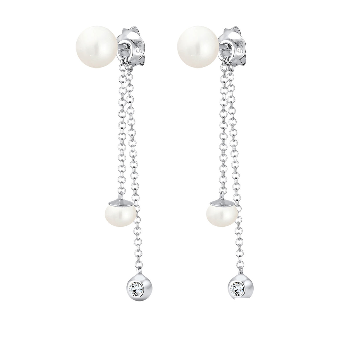 Silber - Elli | Ohrhänger Ear Chain | Süßwasserperle, Kristall ( Weiß ) | 925er Sterling Silber