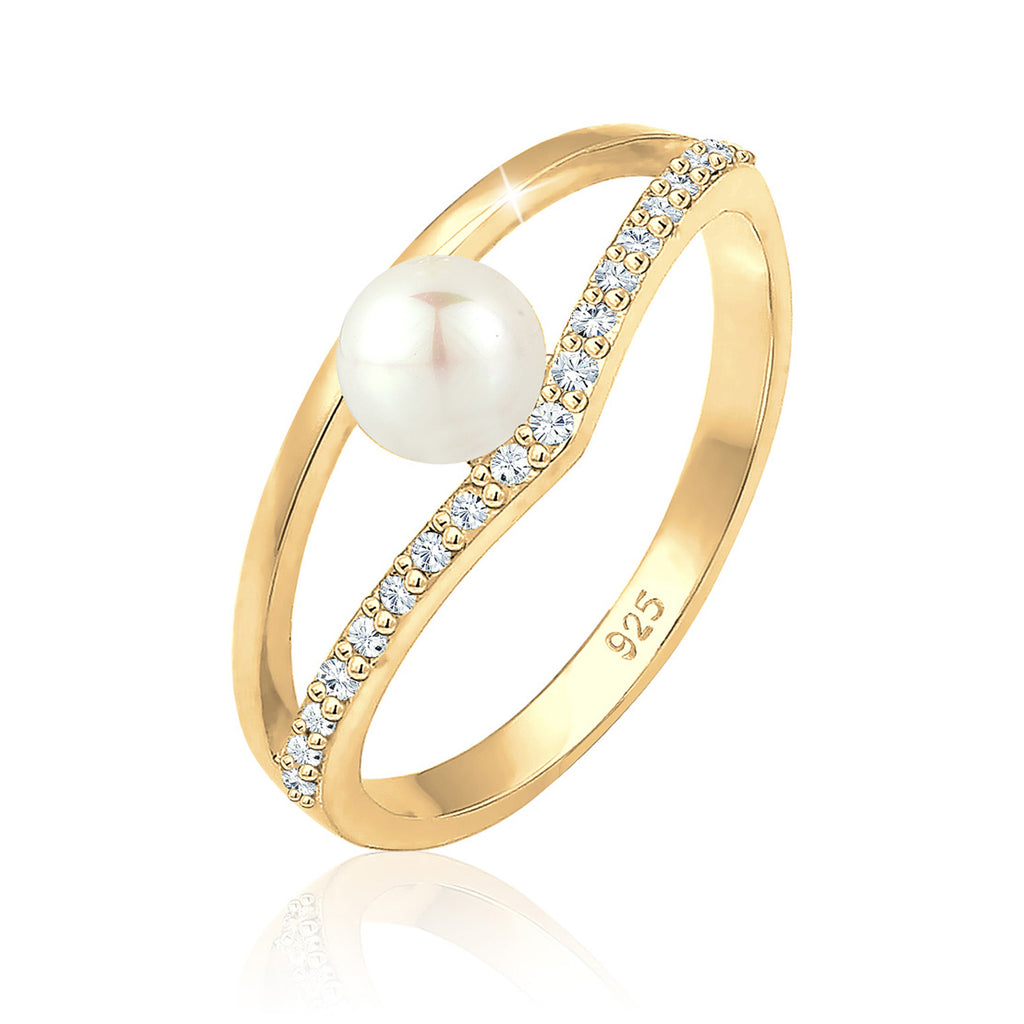 Gold - Elli | Verlobungsring Geo | Süßwasserperle, Kristall ( Weiß ) | 925 Sterling Silber vergoldet