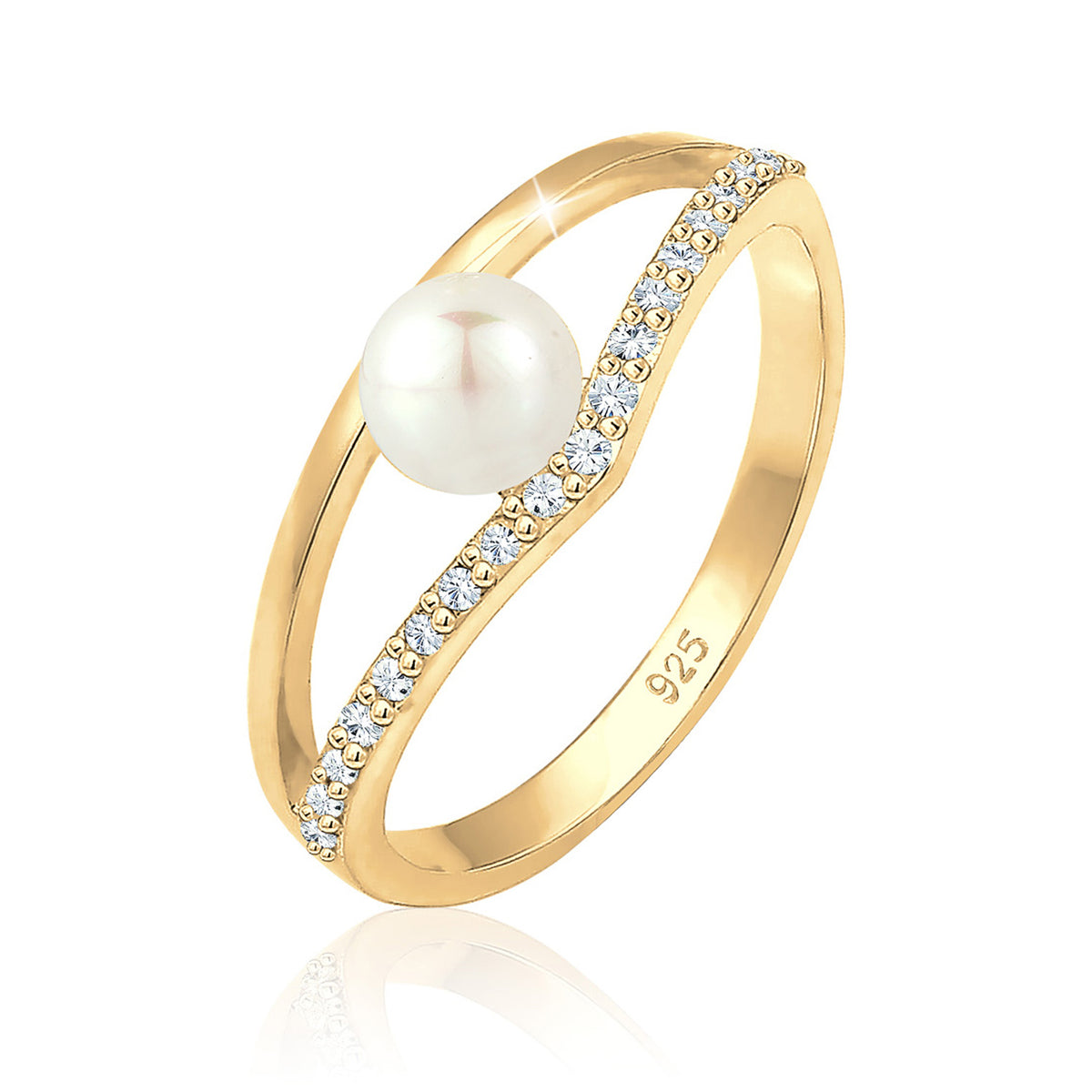 Gold - Elli | Verlobungsring Geo | Süßwasserperle, Kristall ( Weiß ) | 925 Sterling Silber vergoldet