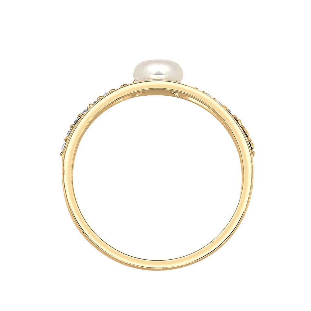 Gold - Elli | Verlobungsring Geo | Süßwasserperle, Kristall ( Weiß ) | 925 Sterling Silber vergoldet