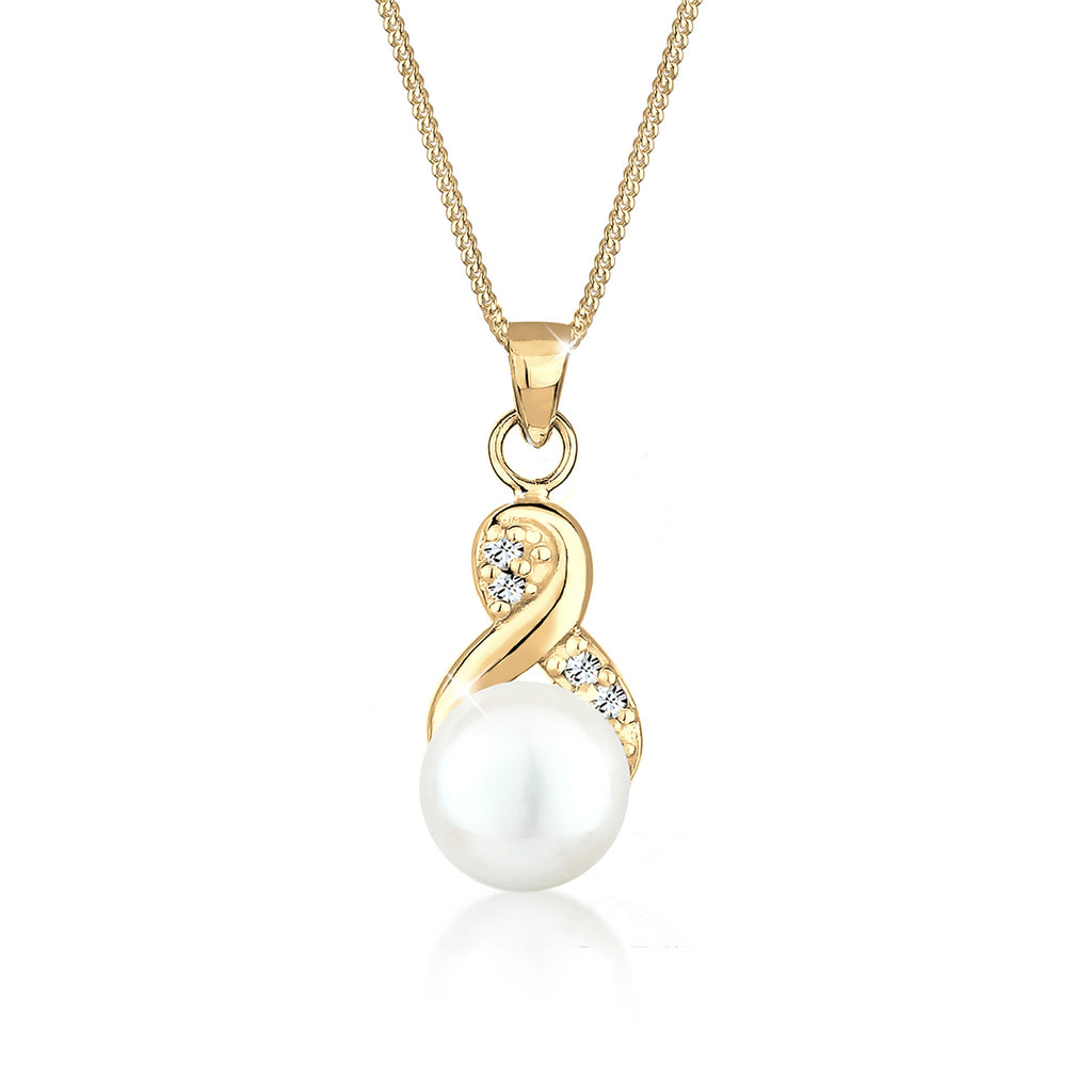 Gold - Elli | Halskette Infinity | Süßwasserperle, Kristall (Weiß) | 925 Sterling Silber vergoldet