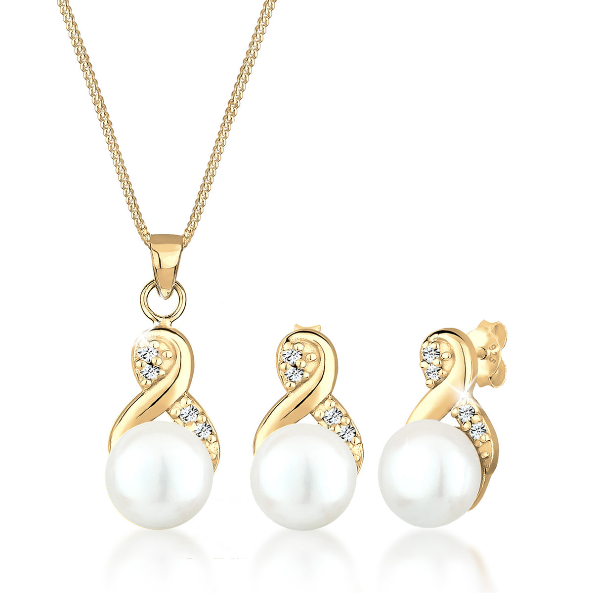 Gold - Elli | Schmuckset  Infinity | Süßwasserperle, Kristall ( Weiß ) | 925 Sterling Silber vergoldet