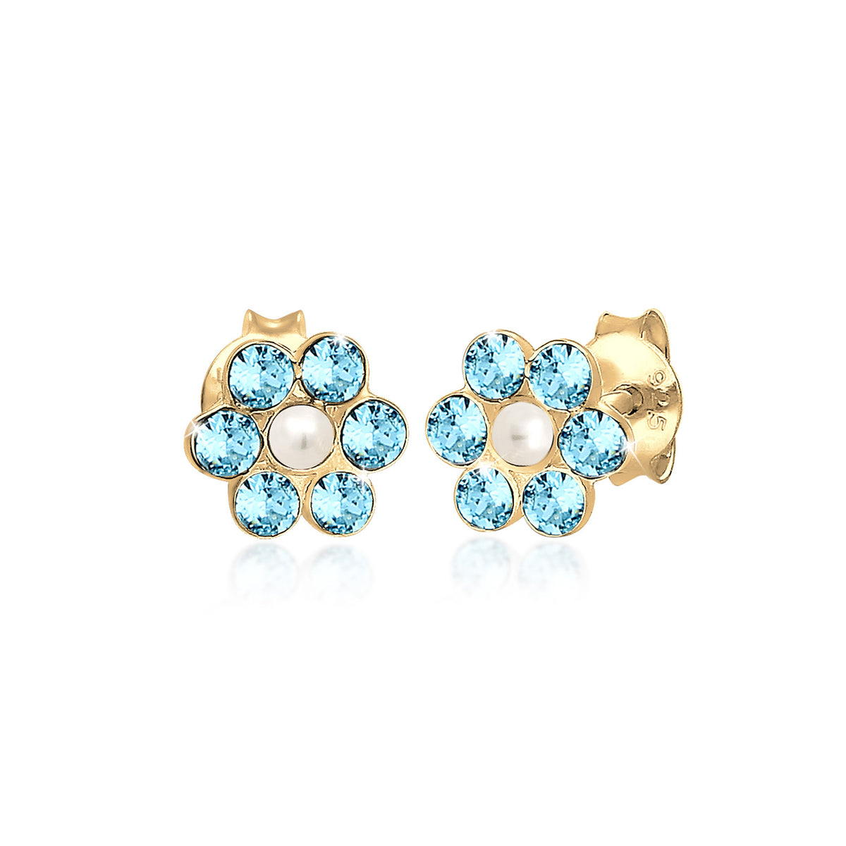 Hellblau - Elli | Ohrring Blume | Perle, Kristall ( Hellblau ) | 925 Sterling Silber vergoldet