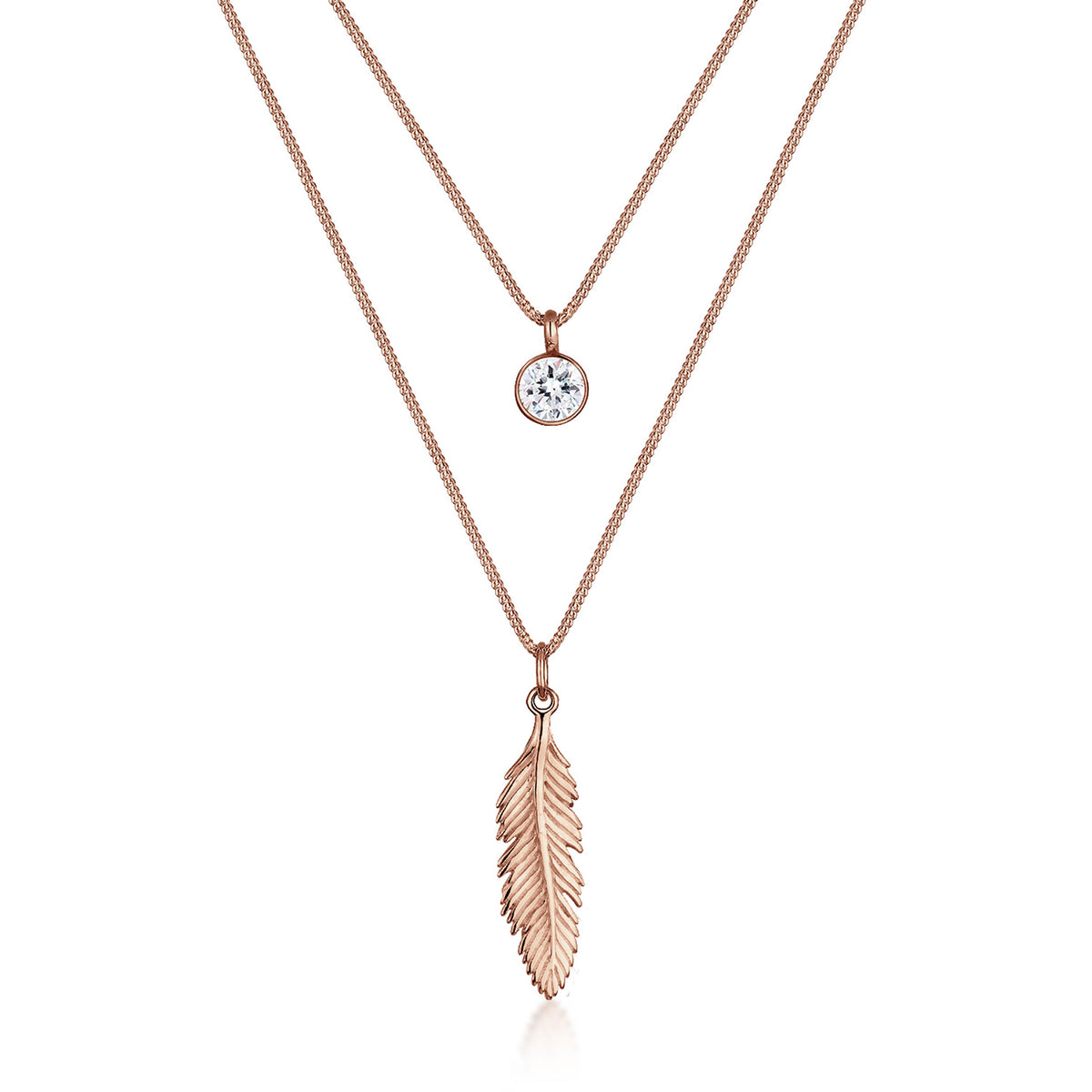 Roségold - Elli | Layer-Halskette Feder | Mit Kristallen von Swarovski® (Weiß) | 925 Sterling Silber Rosegold