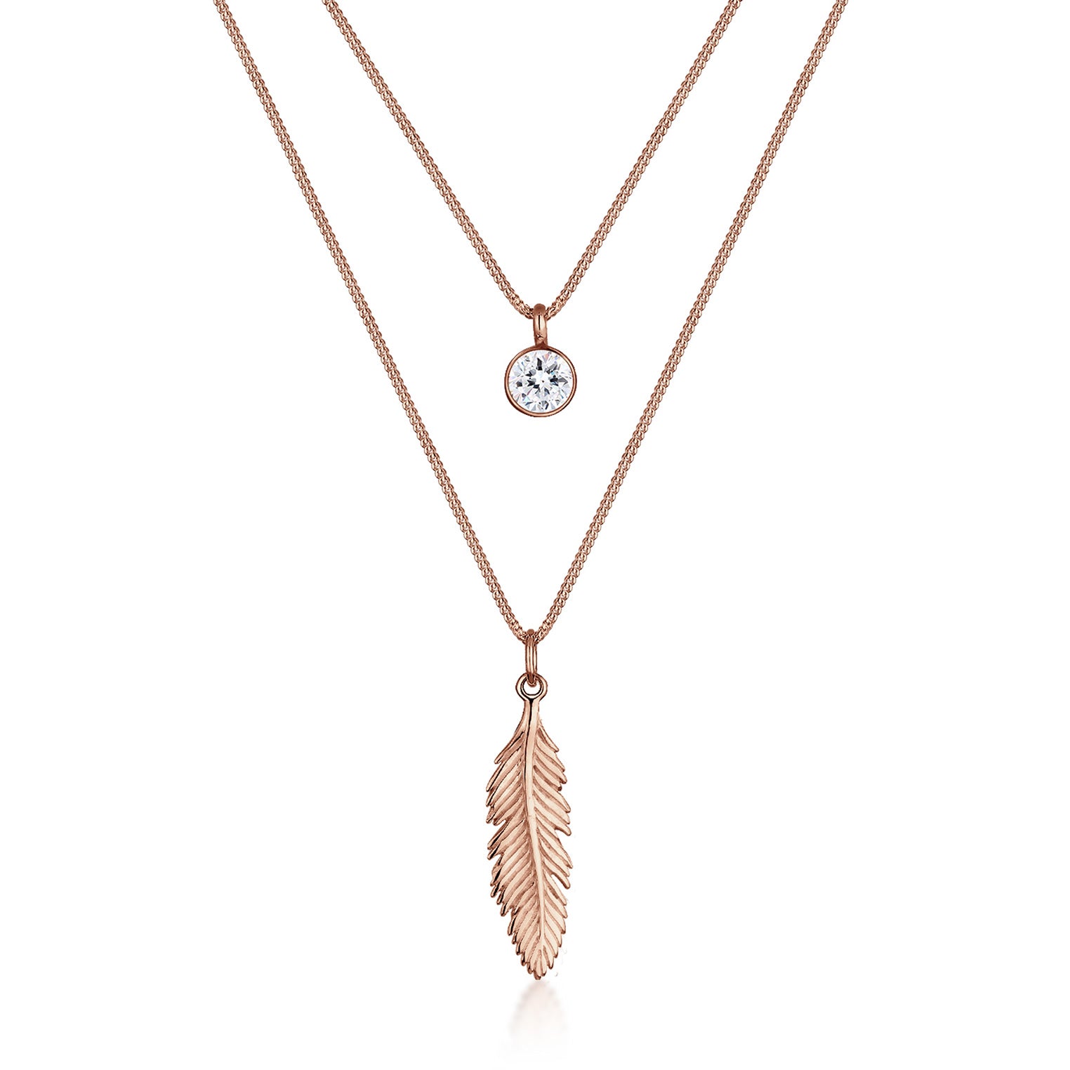 Roségold - Elli | Layer-Halskette Feder | Mit Kristallen von Swarovski® (Weiß) | 925 Sterling Silber Rosegold