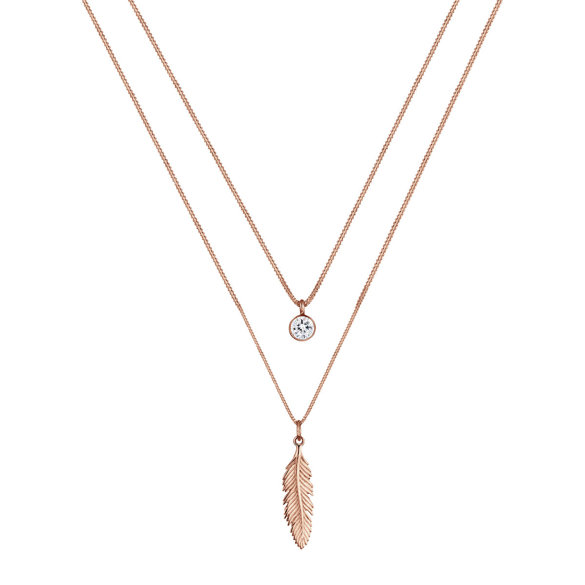 Roségold - Elli | Layer-Halskette Feder | Mit Kristallen von Swarovski® (Weiß) | 925 Sterling Silber Rosegold