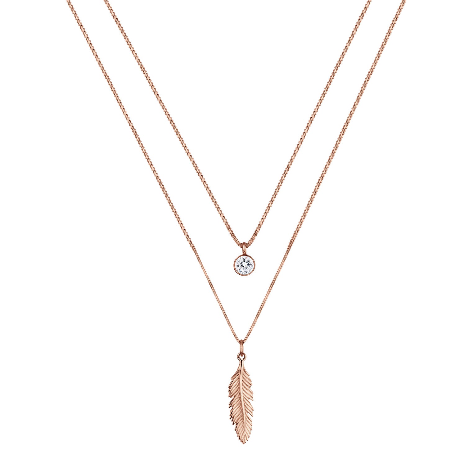 Roségold - Elli | Layer-Halskette Feder | Mit Kristallen von Swarovski® (Weiß) | 925 Sterling Silber Rosegold