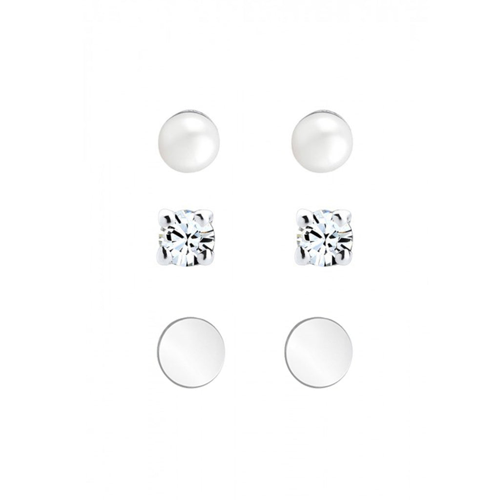Silber - Elli | Ohrringset Geo | Süßwasserperle, Kristall ( Weiß ) | 925er Sterling Silber
