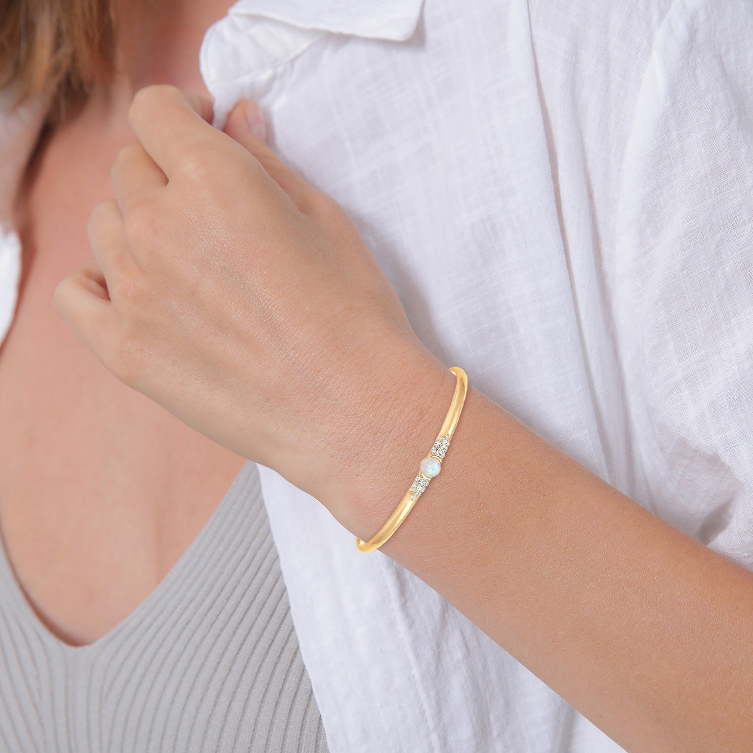 Gold - Elli PREMIUM | Armreif | Opal (Weiß) | 925 Sterling Silber vergoldet